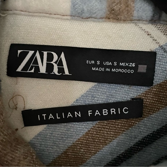 ZARA Wool Plaid Button Front Overshirt Jacket Cream Blue Brown S - Picture 5 of 6